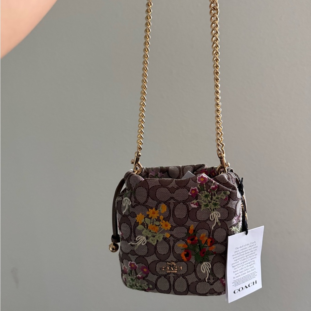 Coach Floral Signature Mini Chain Bucket Bag - Brown with Gold Chain
